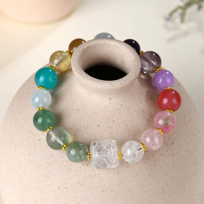 Natural White Crystal Phoenix Peony Multi-Gem Bracelet - Colorful Macaron Design for Women