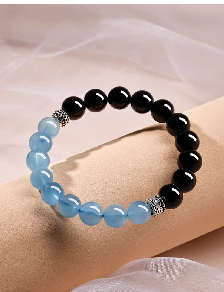 Natural Obsidian Aquamarine Crystal Bracelet - Couple Spiritual Harmony & Protection