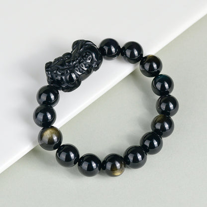 Natural Black Obsidian Pixiu Bracelet with Gold and Double Color Eye Beads - Wealth Protection Amulet for Couples