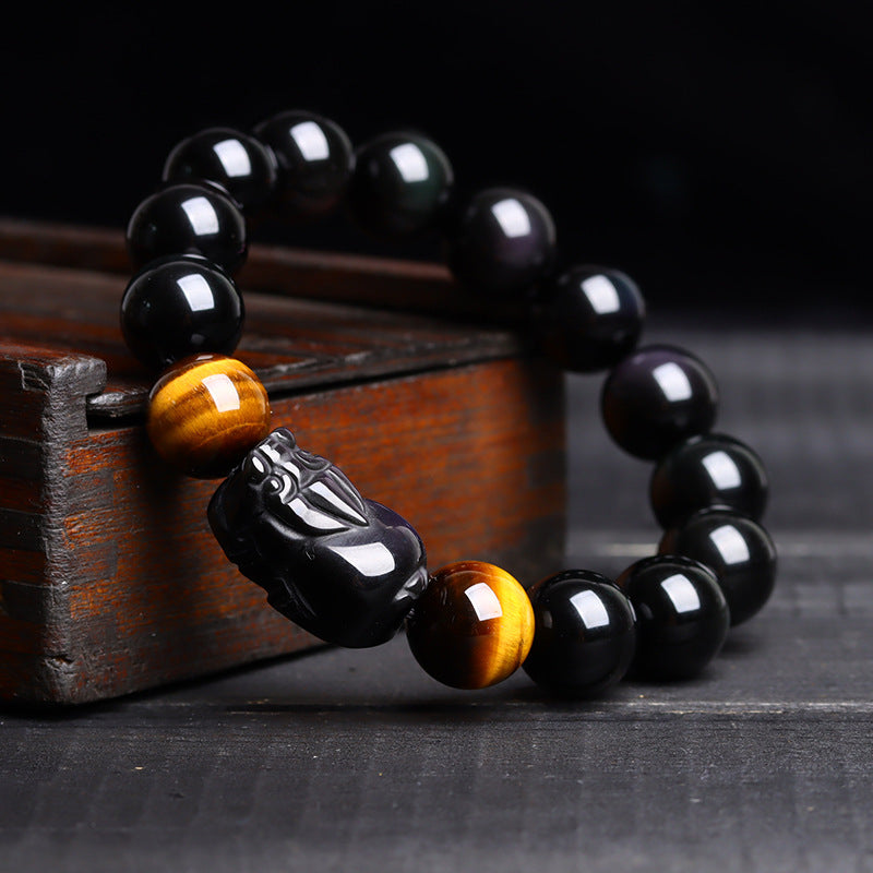 Natural Crystal Obsidian Pixiu Tiger Eye Bracelet - Ethnic Unisex Couple Spiritual Jewelry