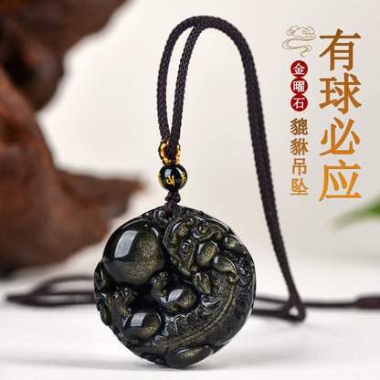 Natural Gold Obsidian Pixiu Pendant - Lucky Charm Necklace for Wealth and Protection
