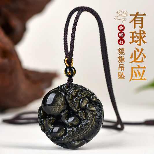 Natural Gold Obsidian Pixiu Pendant - Lucky Charm Necklace for Wealth and Protection