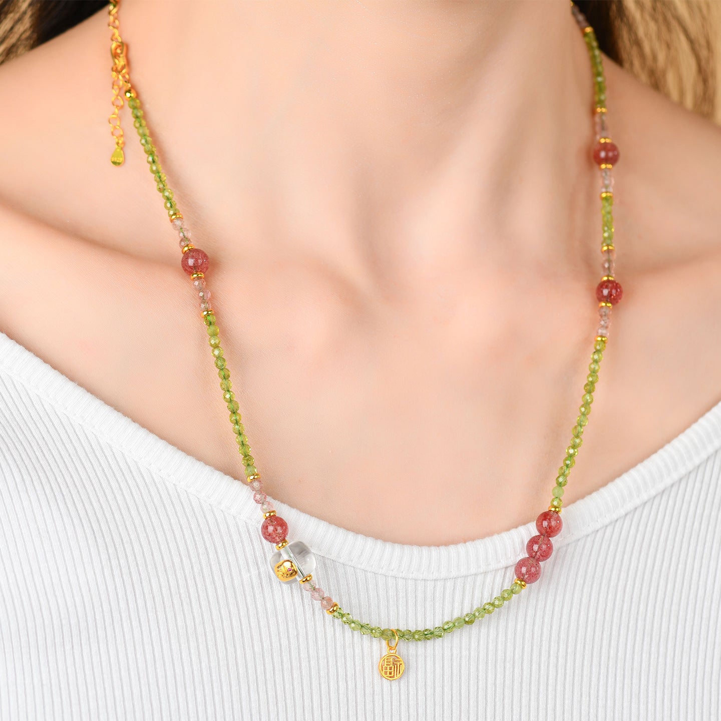 Natural Peridot Strawberry Crystal Multi-Circle Bracelet & Necklace | S925 Silver Dual-Use Women's Spiritual Jewelry