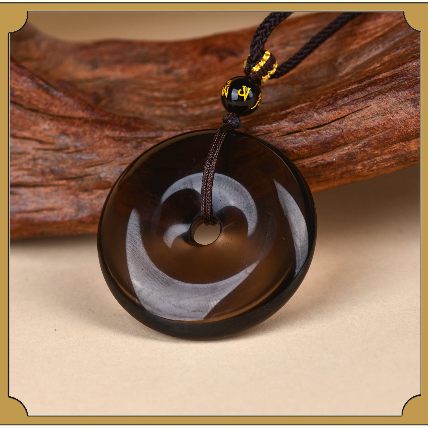 Natural Obsidian White Agate Peace Buckle Pendant - Chinese Style Zodiac Harmony Necklace