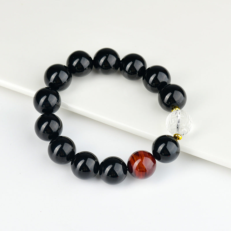 Natural Obsidian and White Crystal Cloud Bead Bracelet for Men - Protection and Energy Flow