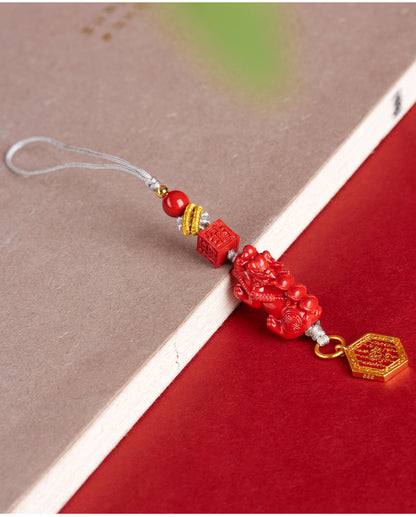 Imperial Red Cinnabar Pixiu Phone Chain Pendant - Wealth and Protection Talisman