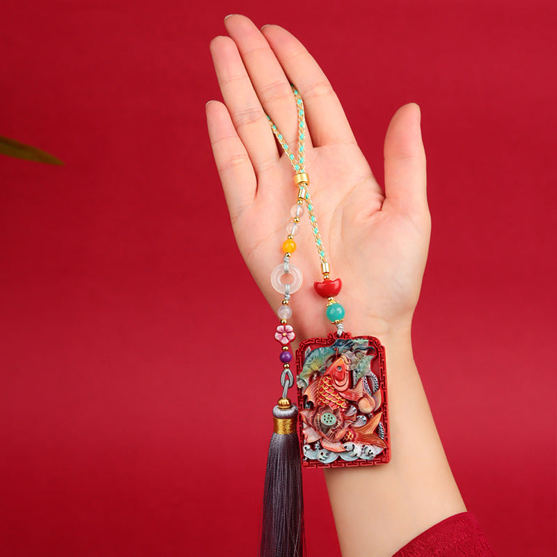 Natural Cinnabar Wealth Fish Pendant Keychain - Prosperity & Protection Amulet