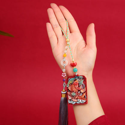 Natural Cinnabar Wealth Fish Pendant Keychain - Prosperity & Protection Amulet