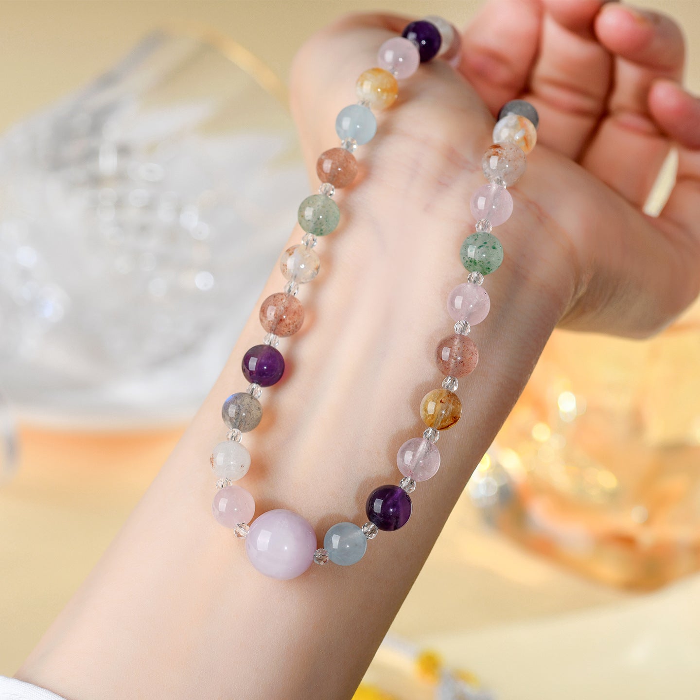 Natural Crystal Multi-Gem Collarbone Necklace | Amethyst & Yellow Tower Crystal for Wealth & Harmony