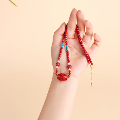 Imperial Red Natural Cinnabar Bead Necklace with Fu Character Drum Pendant - Women's Elegant Collarbone Chain