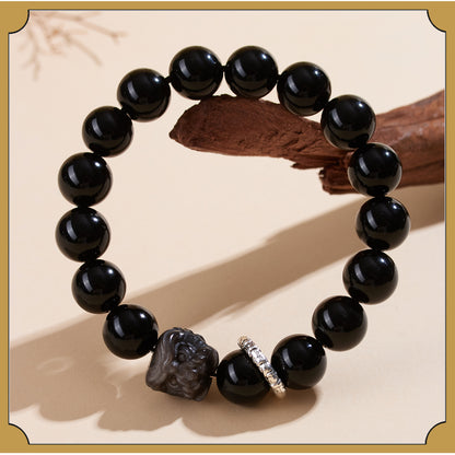 Natural Obsidian Lion Dance Bracelet - Chinese Style Unisex Couple Protection Amulet