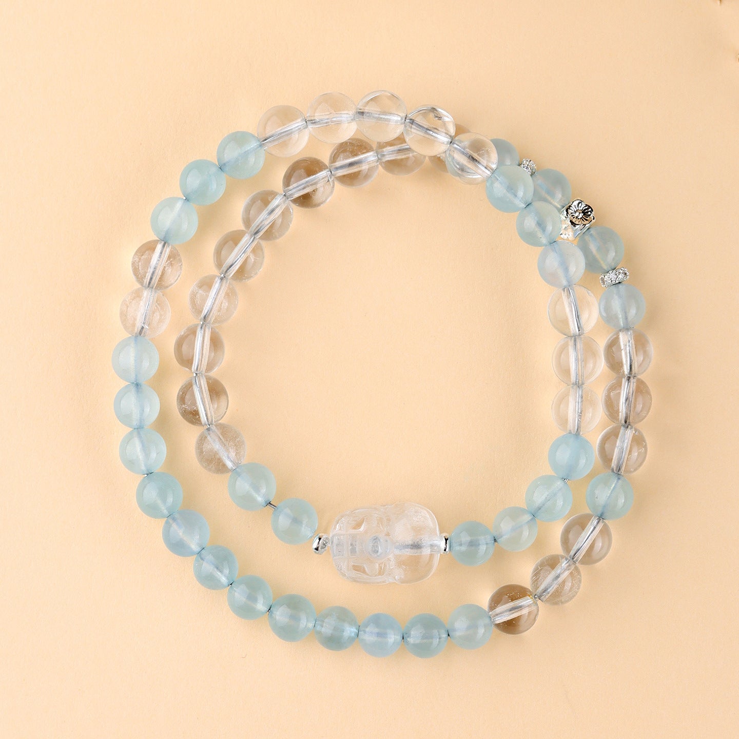 Natural Aquamarine and White Crystal Pixiu Double Circle Bracelet - Spiritual Elegance for Women