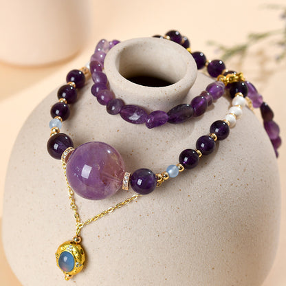 Natural Amethyst Pearl Aquamarine Collarbone Necklace - Spiritual Energy & Elegance