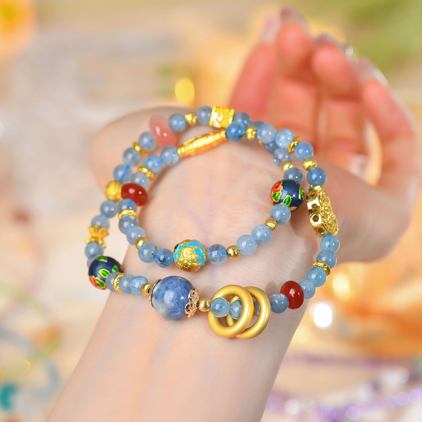 Natural Aquamarine Kyanite Double Circle Bracelet with Southern Red Agate Peace Buckle - Women's Spiritual Elegance