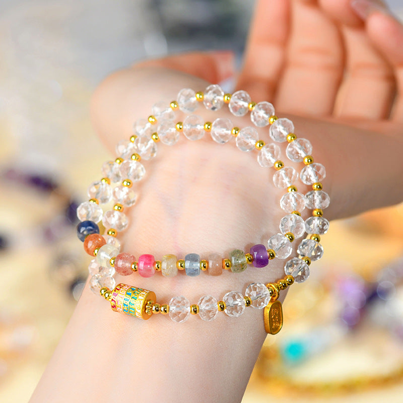 Natural White Crystal Rainbow Bead Double Circle Bracelet | Spiritual Harmony & Wealth Attraction