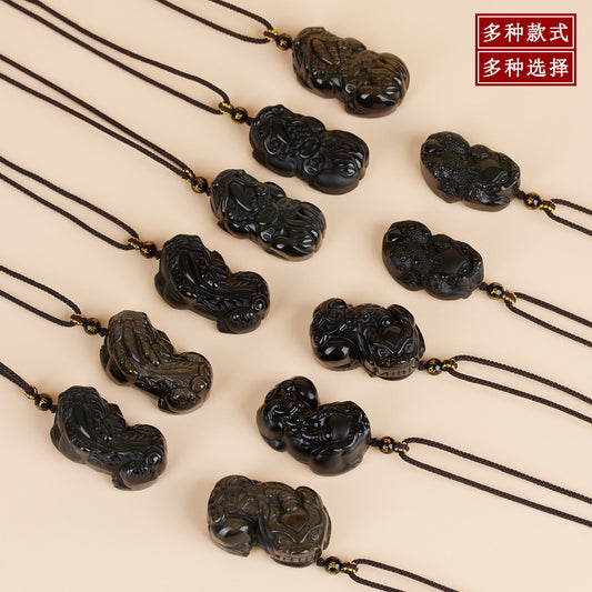 Natural Obsidian Pixiu Pendant Necklace | Chinese Style Unisex Wealth Talisman
