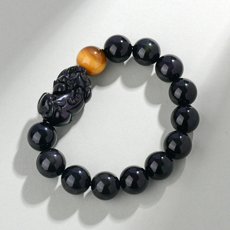 Natural Rainbow Eye Obsidian Pixiu Bracelet - Wealth and Protection Talisman for Couples