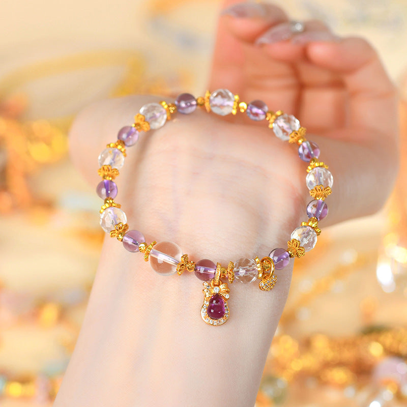 Golden Sand Gourd Amethyst Crystal Bracelet | Spiritual Harmony & Wealth Charm
