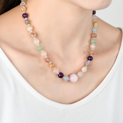 Natural Crystal Multi-Gem Collarbone Necklace | Amethyst & Yellow Tower Crystal for Wealth & Harmony