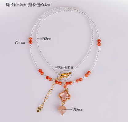 Natural White Crystal Agate Orange Moonstone Four-Leaf Clover Collarbone Necklace - Lucky Charm for Women