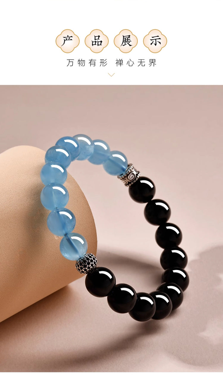 Natural Obsidian Aquamarine Crystal Bracelet - Couple Spiritual Harmony & Protection