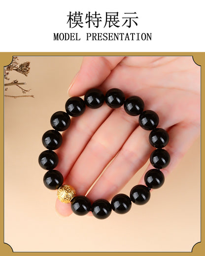 Natural Obsidian Gold Copper Coin Bead Bracelet - Chinese Style Unisex Protection Wealth Charm