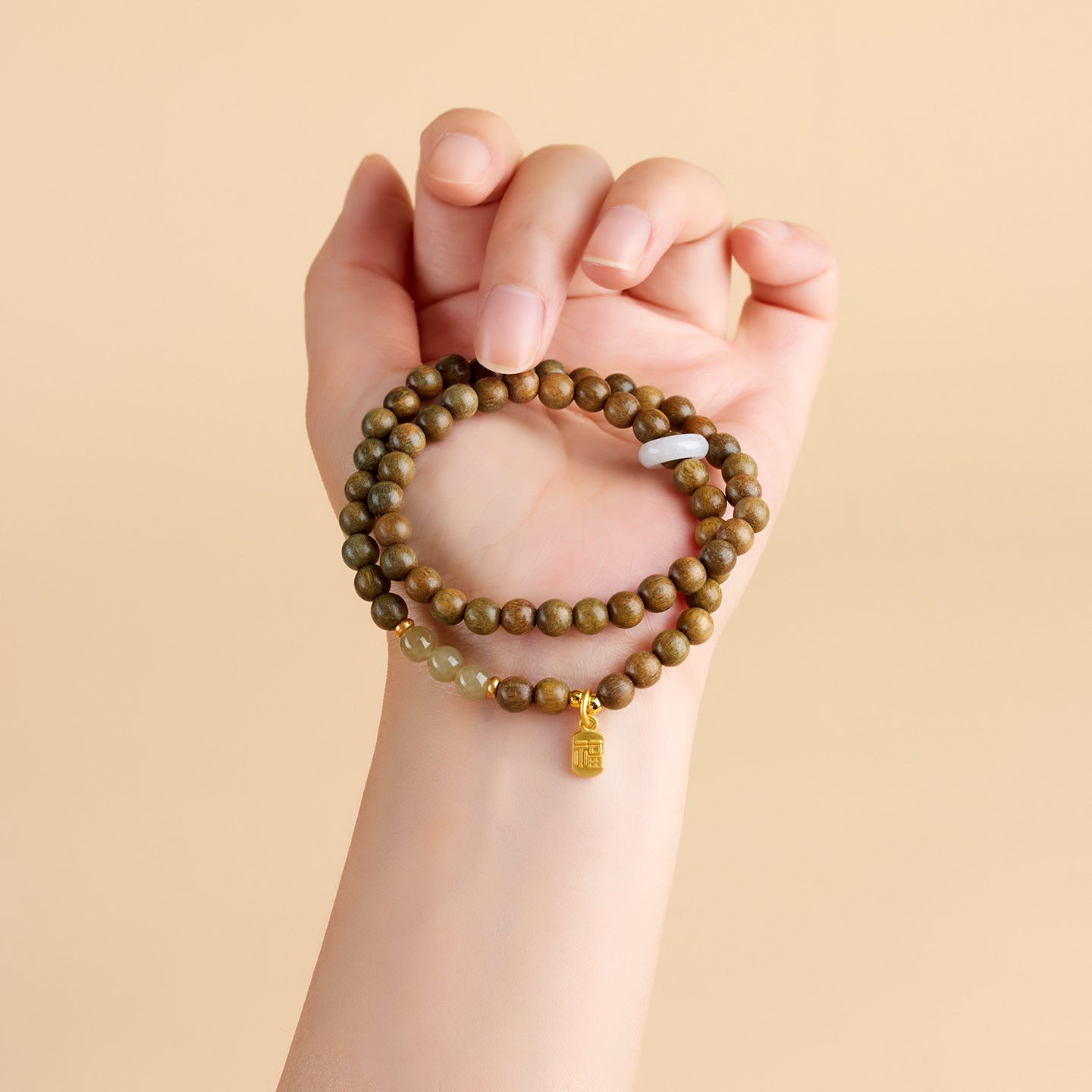 Natural Green Sandalwood Hetian Jade Double Circle Bracelet - Zen Harmony Buddhist Beads