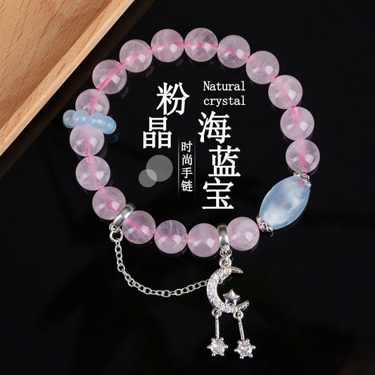 Natural Pink Quartz Aquamarine Starry Moon Love Bracelet | Irregular Crystal Design for Women