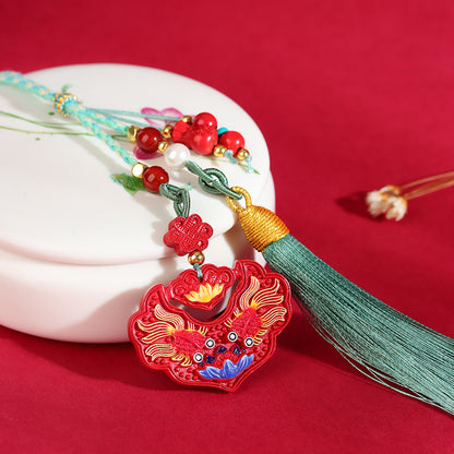 Natural Imperial Red Cinnabar Double Fish Koi Lock Car Pendant Keychain