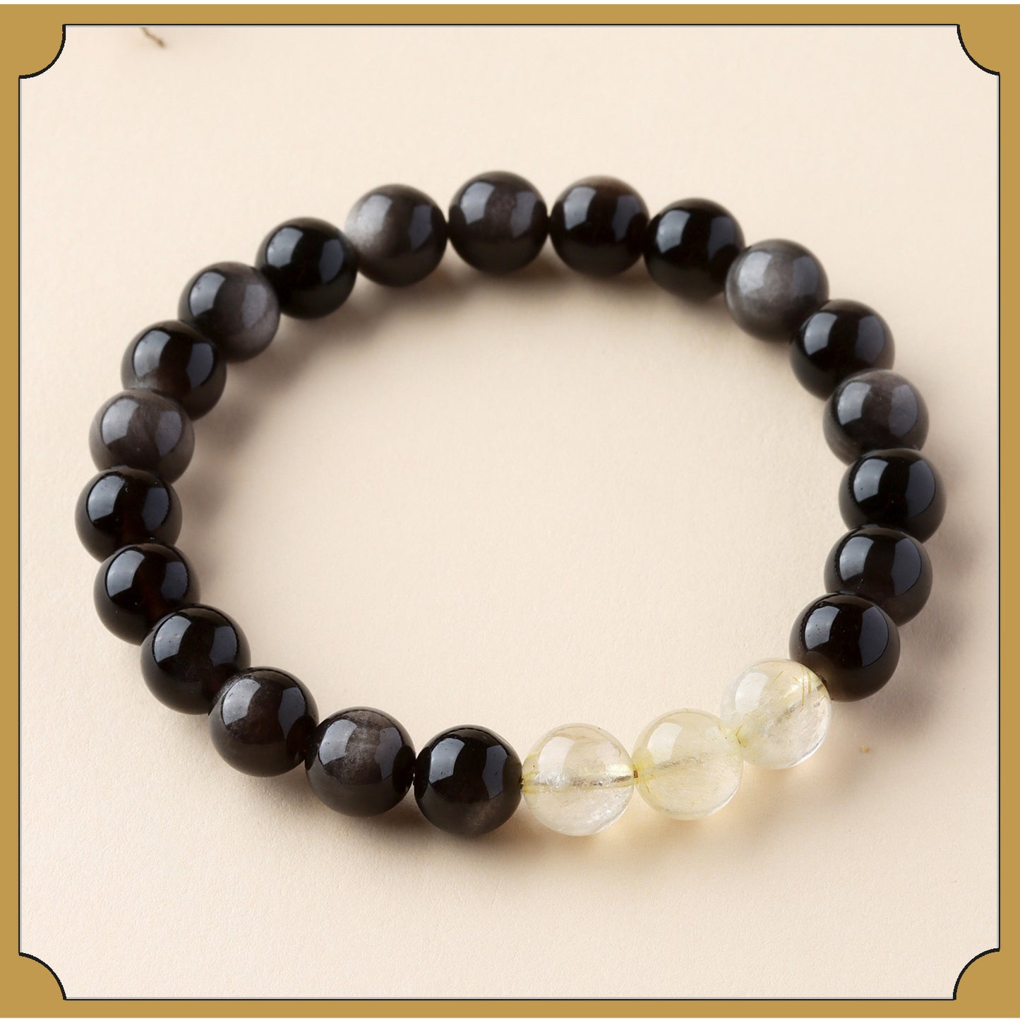 Natural Obsidian Crystal Bracelet with Golden Rutilated Quartz & Gemstones | Spiritual Protection & Wealth Attraction