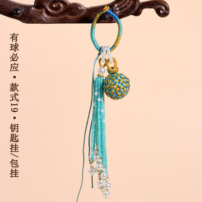 Handwoven Crystal Ball Keychain | Lucky Charm Bag Hanger with Beaded Tassel