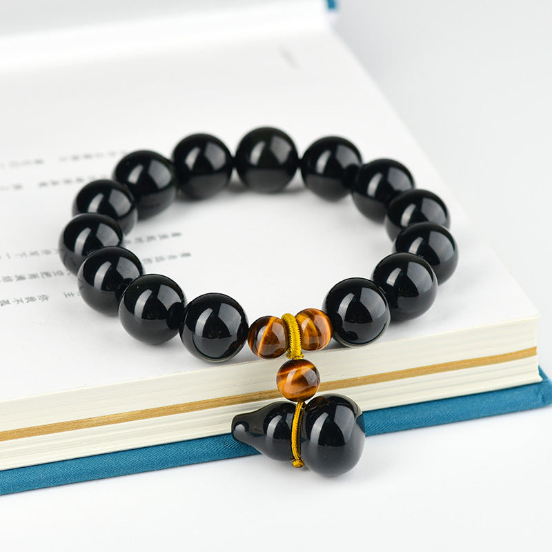 Natural Double Color Eye Obsidian Gourd Bracelet - Buddha Beads for Spiritual Protection & Fortune