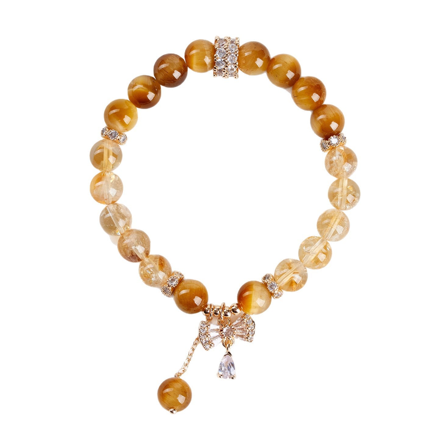Natural Yellow Tower Crystal and Gold Tiger Eye Bow Tassel Bracelet - Wealth Attraction and Spiritual Protection