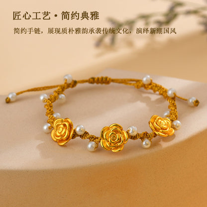 Golden Sand Rose Hand-Woven Bracelet | Ancient French Chinese Style Women's Luck Charm