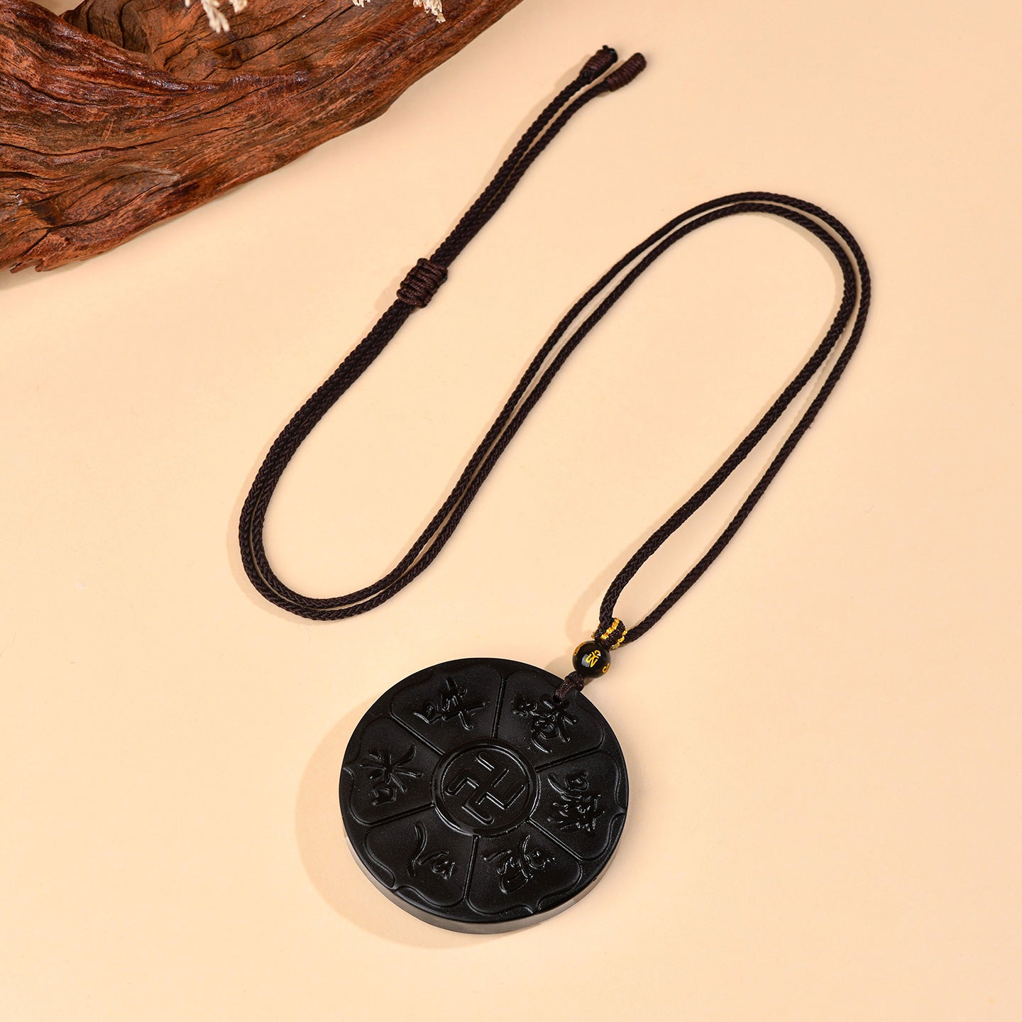 Natural Obsidian Six-Word Mantra Pendant with Swastika - Lucky Protection Amulet Necklace