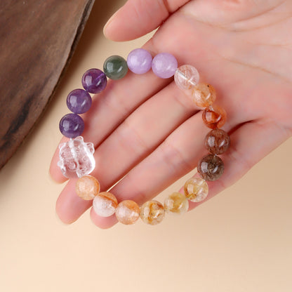 Natural White Crystal Lucky Cat Multi-Gem Bracelet | Wealth & Luck Charm for Women