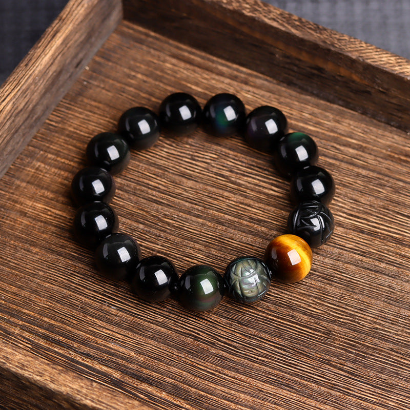 Natural Obsidian Gold-Swallowing Pixiu Double Color Tiger Eye Stone Bracelet for Wealth & Protection