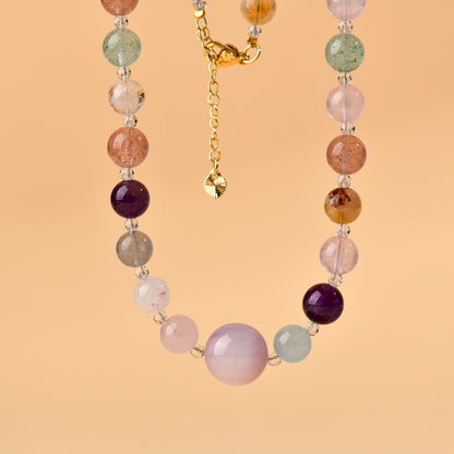 Natural Crystal Multi-Gem Collarbone Necklace | Amethyst & Yellow Tower Crystal for Wealth & Harmony