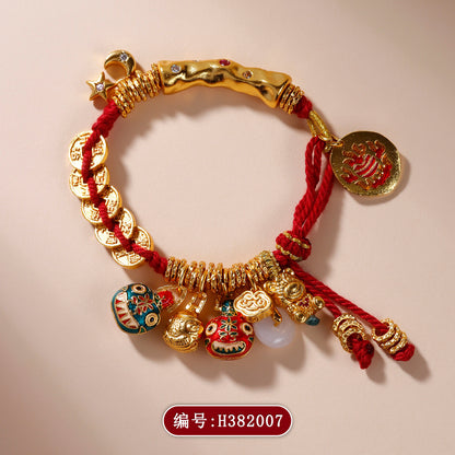 Gold Hammered Tibetan Wealth Bracelet with Five Emperors Money & Coiled Beast Family