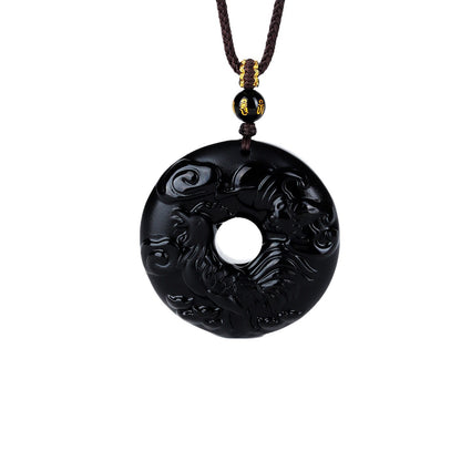 Natural Obsidian Zodiac Peace Buckle Pendant | Spiritual Protection & Fortune Necklace