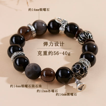 Natural Silver Obsidian Cloisonné Enamel Large Bead Bracelet for Men - Protection & Fortune