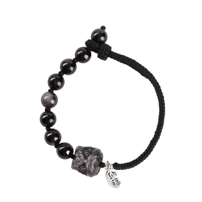 Silver Obsidian Lion Awakening Handwoven Bracelet - Courage Protection Amulet