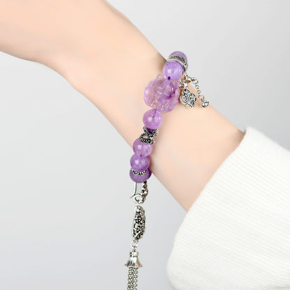 Lavender Amethyst Nine-Tailed Fox Bracelet with Flower Ball Tassel - Artistic Retro Romantic Women's Jewelry
