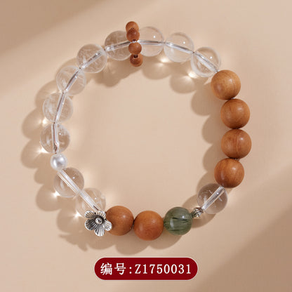 Natural White Crystal Sandalwood Green Rutilated Quartz Bracelet - Zen Buddhist Beads for Spiritual Harmony