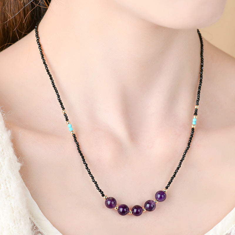 Natural Black Spinel Amethyst Collarbone Necklace Adjustable Original Design Women's New Internet Hot Necklace