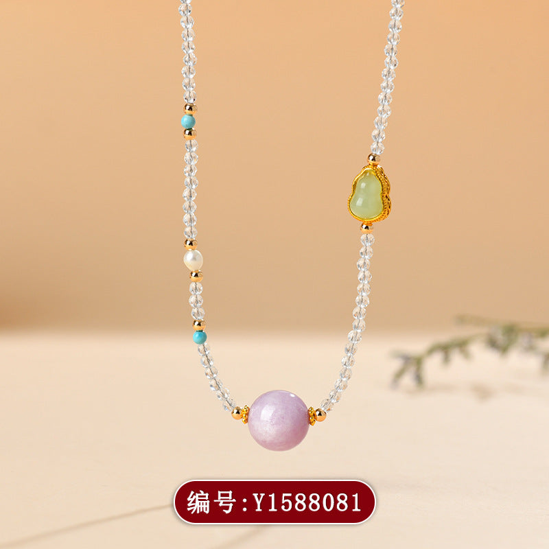 Natural White Crystal Purple Kyanite Gourd Necklace | Adjustable Collarbone Chain for Women