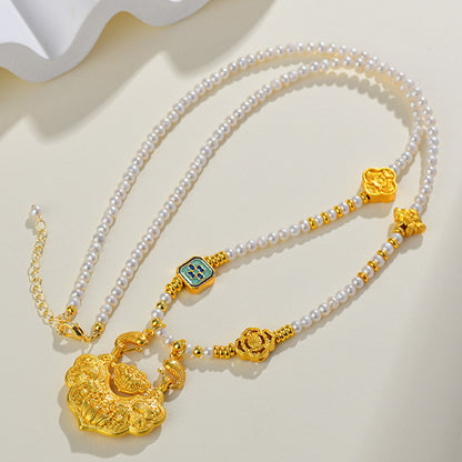 Natural Freshwater Pearl Koi Peace Lock Necklace | Auspicious Chinese Style Collarbone Chain