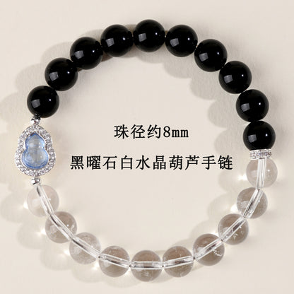 Natural Obsidian White Crystal Gourd Bracelet | Fortune Health Protection Spiritual Jewelry
