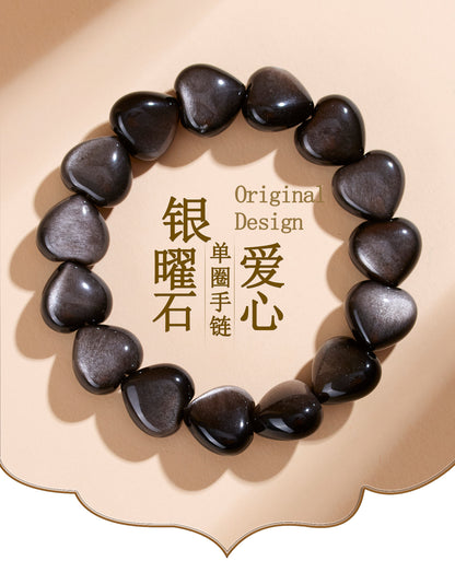 Natural Silver Obsidian Heart Bracelet - Mystical Protection Elegance Unisex