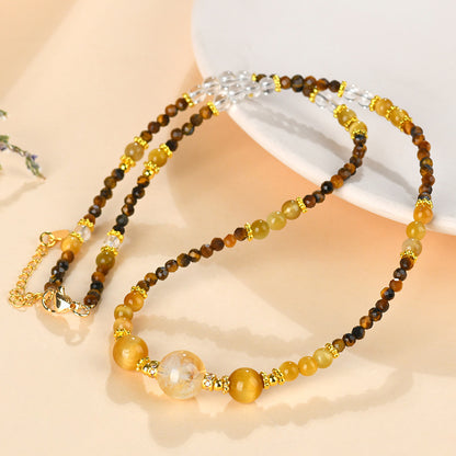 Natural Yellow Tower Crystal & Tiger Eye Three-Circle Necklace Bracelet for Women | Wealth & Protection Talisman